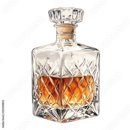 An ornate, cut-glass decanter filled with a deep golden liquor, reflecting light beautifully. The detailed watercolor painting emphasizes the intricate glasswork