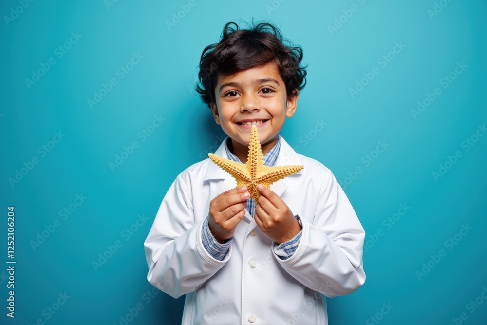 A Young Child in a White Lab Coat Holding a Starfish Against a Bright Blue Background, Showcasing Curiosity and a Love for Marine Life A Young Child in a White Lab Coat Holding a Starfish Against a Bright Blue Background, Showcasing Curiosity and a Love for Marine Life