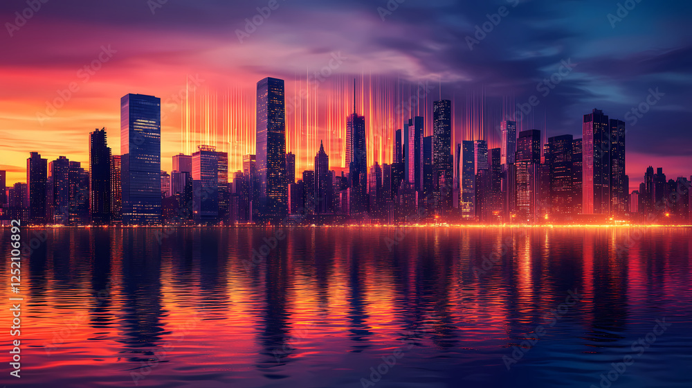 A vibrant city skyline at dusk with soundwave graphics overlay. Soundwave Architecture. Illustration A vibrant city skyline at dusk with soundwave graphics overlay. Soundwave Architecture. Illustration