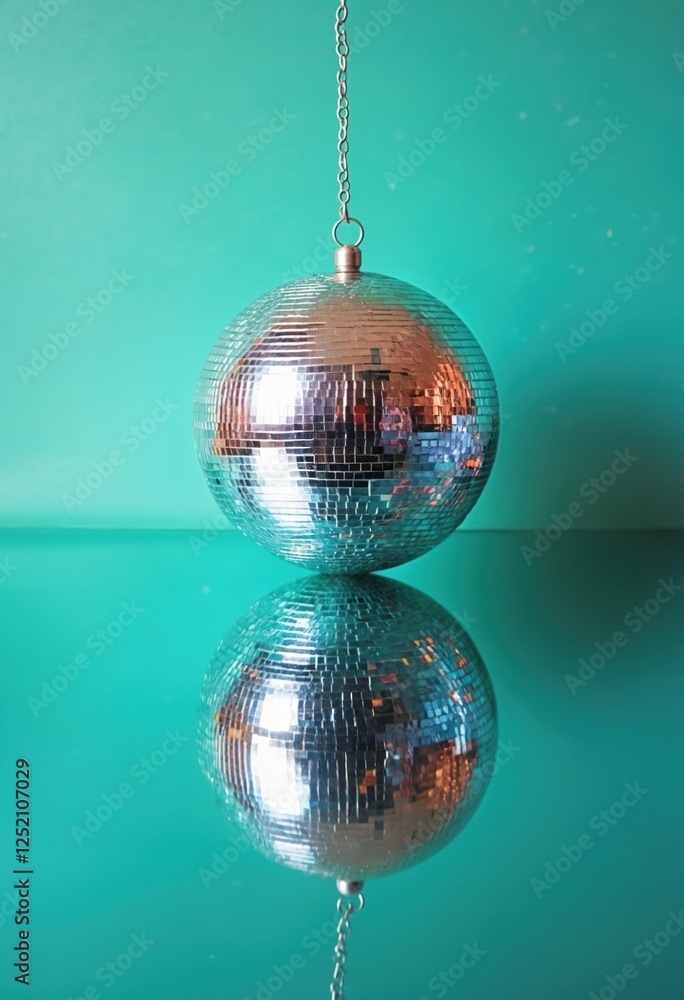 Fototapeta premium Disco ball with mirror tiles reflects on turquoise surface. Party mood, night club atmosphere. Funky glitz, glittering decoration for holiday events. Groovy nostalgia, dancefloor.