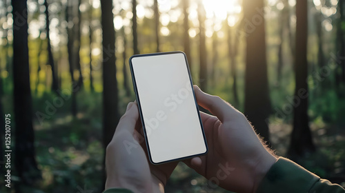 Man using phone in sunny forest