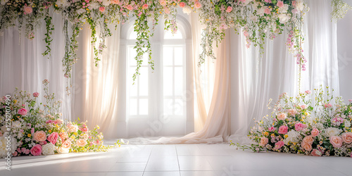 White Wooden Wall and Floor Background with Flower Arrangements in Crate, Rustic and Elegant Decor


