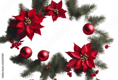 Obraz na płótnie border branch beautiful text berry happy lay flat celebrate decoration holly celebration space top white frame 2020 tree flowers ball card flower red christmas bauble poinsettia cone view background w salonie