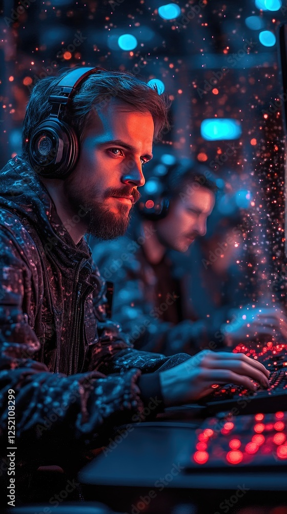 Obraz premium Gamers Play Intensely with Headphones