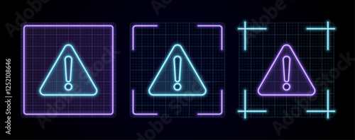 Warning sign icon vector, cyber neon visual, glowing border grid vector.	