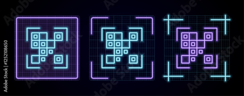 QR Code icon vector, cyber neon visual, glowing border grid vector.	