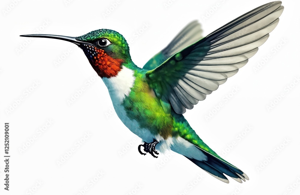 Obraz premium Illustration of green hummingbird in flight. Wildlife animal with wings, isolated on white. Nature illustration, avian fauna in vibrant colors. Design element for prints and decoration.