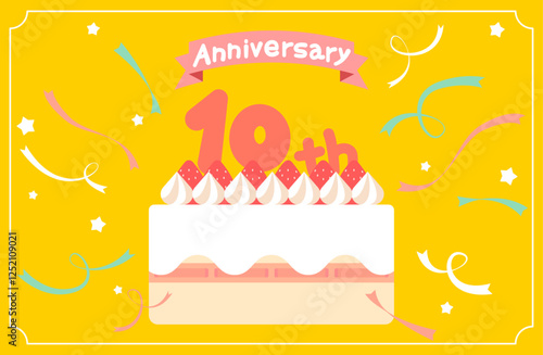 10周年記念ケーキのベクターイラスト ホールケーキ リボン アニバーサリー かわいい カラフル