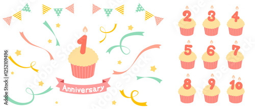 周年記念のカップケーキベクターイラスト ロウソク リボン アニバーサリー 蝋燭 ろうそく