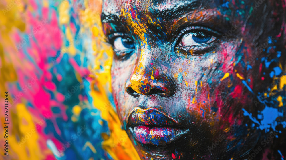 Fototapeta premium vibrant and expressive portrait of person with dynamic paint splatters in vivid colors, showcasing artistic creativity and emotion. close up view highlights intricate details and textures