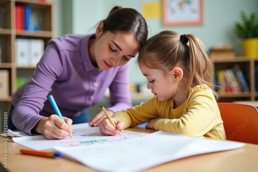 Engaging Moment Between a Teacher and Young Girl in an Educational Setting: Fostering Creativity Through Art in a Colorful Classroom Environment