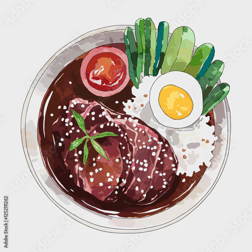 Watercolor Beef Rendang with Rice and Egg