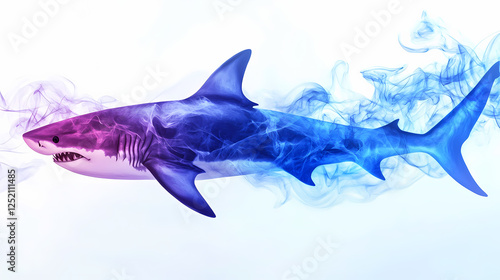 Abstract shark artwork with trail of blue and purple smoke. Glass Oceans. Illustration photo