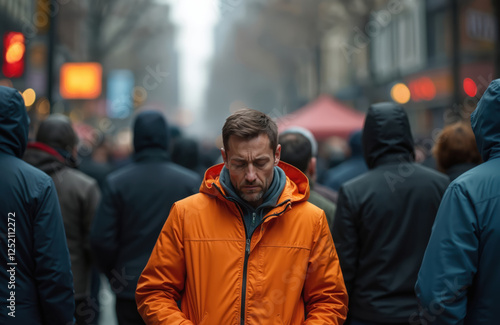Illustration of lonely man among crowd on city street. Depressed male in orange jacket feels anxiety, stress, other negative emotions. Person walks alone at city downtown.