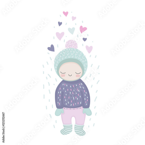 Cute winter character, child with hearts and snow, romantic illustration for Valentine's day