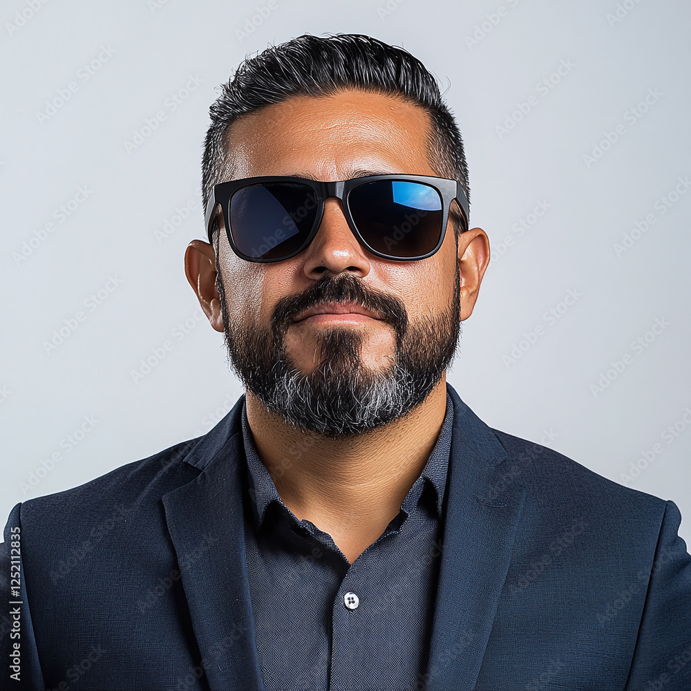 Obraz premium Friendly hispanic man with beard and sunglasses isolated on white background.