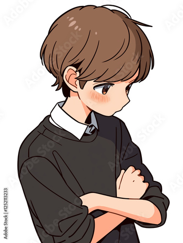 Illustration Asset image of a smart, handsome student in school uniform at 15 years old, embarrassed.