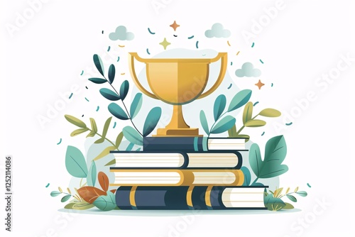 a gold trophy on top of books