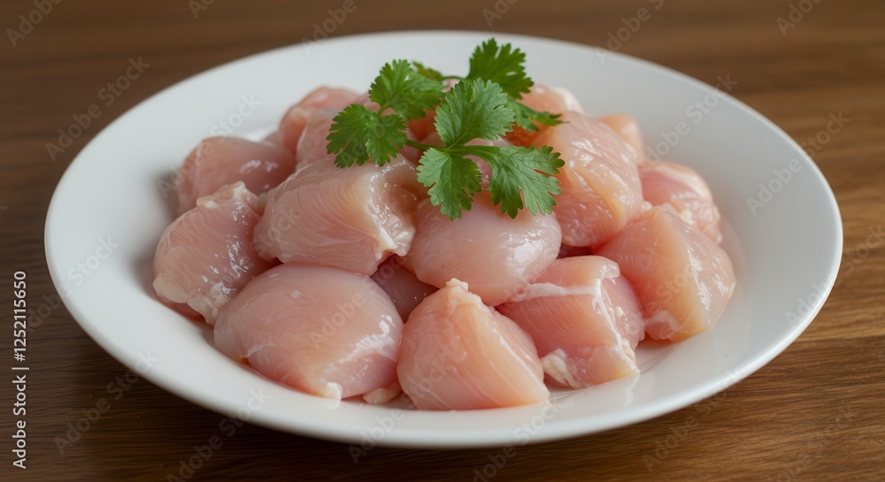 Diced Raw Chicken Breast on White Plate with Cilantro Garnish Diced Raw Chicken Breast on White Plate with Cilantro Garnish