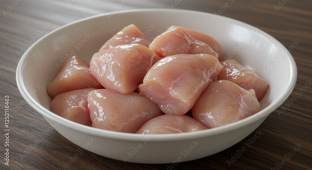 Diced Raw Chicken in White Bowl on Wooden Table Ready Cooking Diced Raw Chicken in White Bowl on Wooden Table Ready Cooking