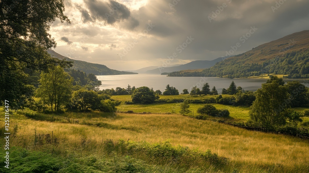 Obraz premium Tranquil Scottish Loch Landscape at Sunset