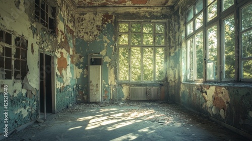 Haunting Beauty: Abandoned Room with Sunlit Decay, Atmospheric photo