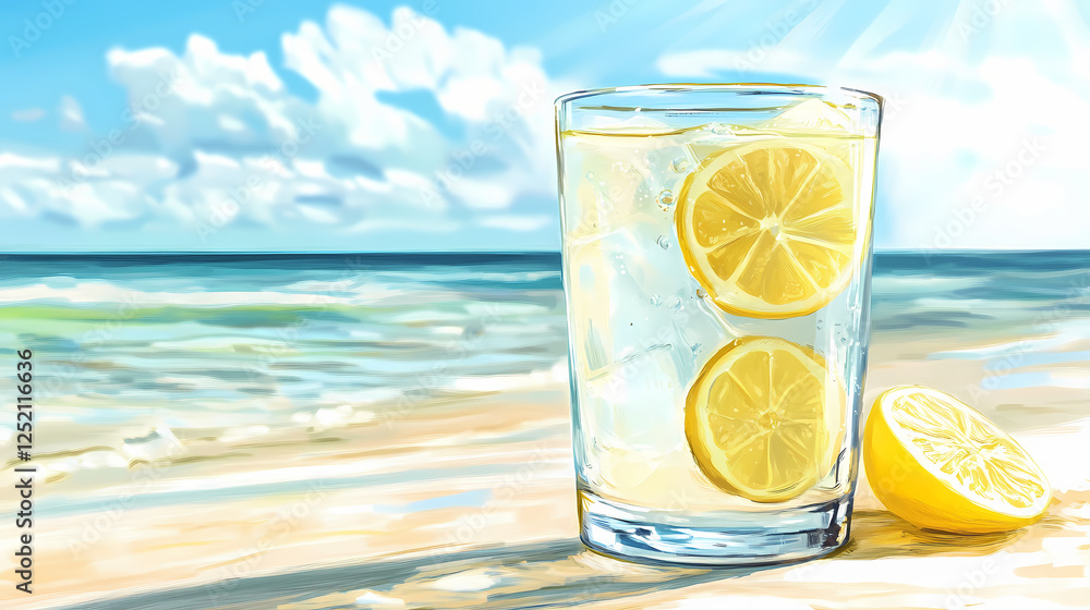 Refreshing lemon water on a sunny beach. Glass Oceans. Illustration Refreshing lemon water on a sunny beach. Glass Oceans. Illustration