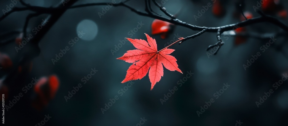 Vivid Red Leaf with Tree Branches in Moody Autumn Vivid Red Leaf with Tree Branches in Moody Autumn