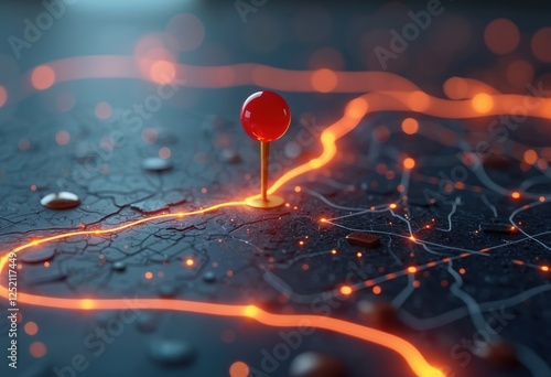 AI illustration shows red pin on map with glowing orange route path, depicting gps tech, transport logistic innovation, delivery tracking and navigation systems.