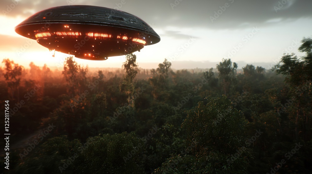 Futuristic UFO hovering over a dense forest at sunset, casting an eerie glow on the trees Futuristic UFO hovering over a dense forest at sunset, casting an eerie glow on the trees