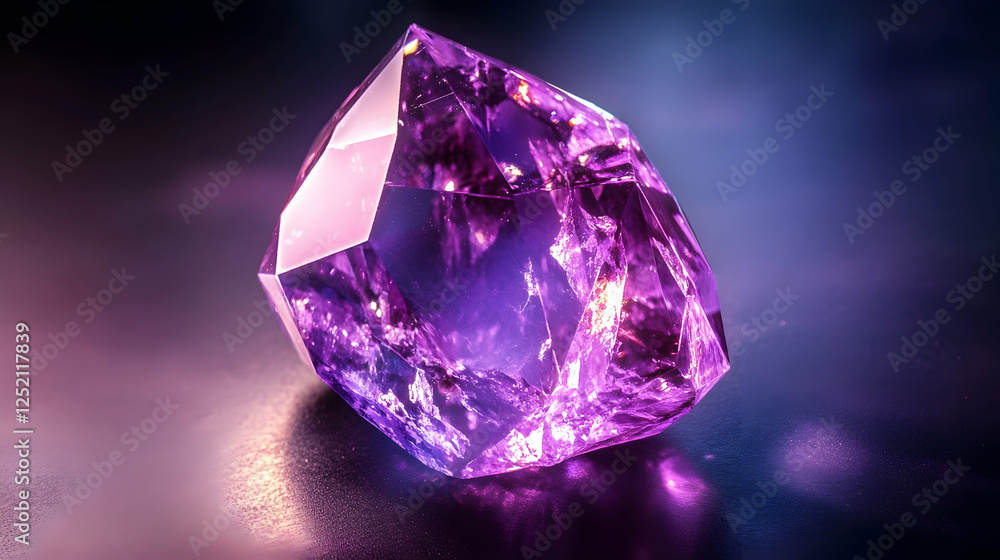 Close-up of a glowing purple crystal with intricate facets and reflective surfaces under bright lighting Close-up of a glowing purple crystal with intricate facets and reflective surfaces under bright lighting