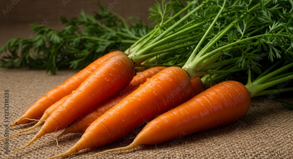 Fresh Carrots with Greenery on Rustic Burlap for Healthy Eating