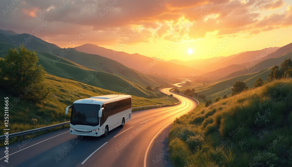 Travel bus drives along highway curving through green hills at sunset. Rural road trip under orange sky. Picturesque tranquil summer journey through country vale. Car tourism transportation on scenic Travel bus drives along highway curving through green hills at sunset. Rural road trip under orange sky. Picturesque tranquil summer journey through country vale. Car tourism transportation on scenic