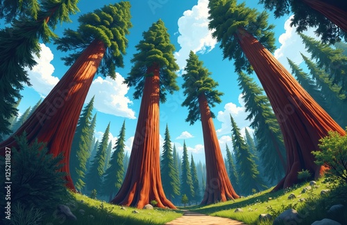 Majestic towering Sequoia trees illustration in national park. Low angle shot of giant redwoods in green forest. Path under huge sequoia trees. Blue sky wallpaper, California USA nature travel.
