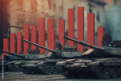 Military spending increasing, tanks and rising chart symbolizing growing defense budget