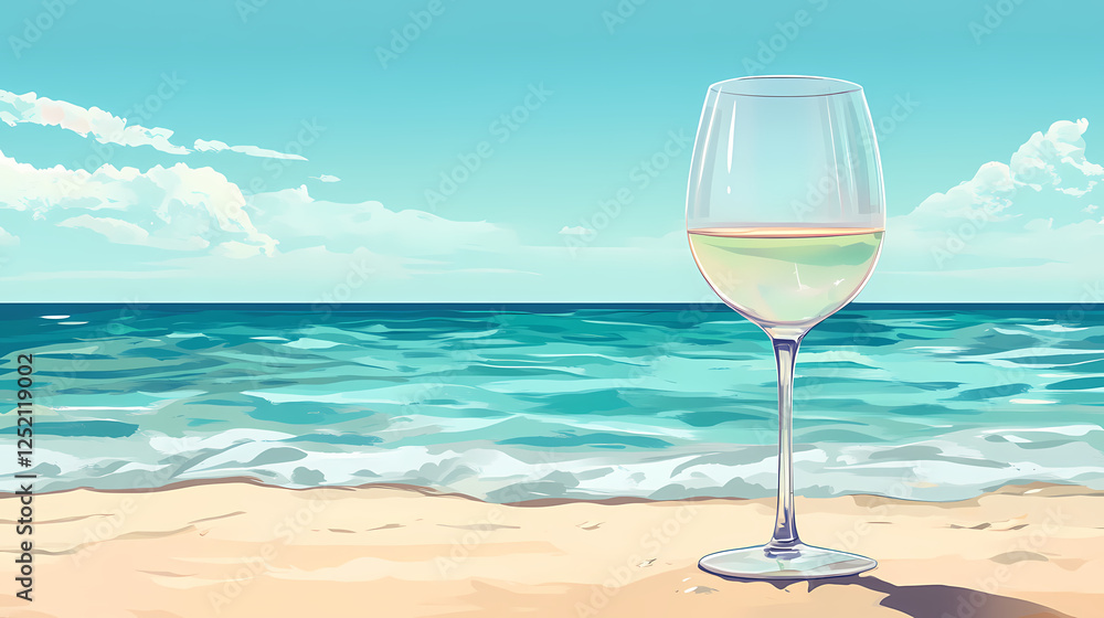 White wine glass on beach sand with ocean backdrop. Glass Oceans. Illustration White wine glass on beach sand with ocean backdrop. Glass Oceans. Illustration