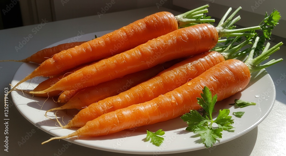 Fresh Carrots with Greens on White Plate Healthy Food Still Life Fresh Carrots with Greens on White Plate Healthy Food Still Life