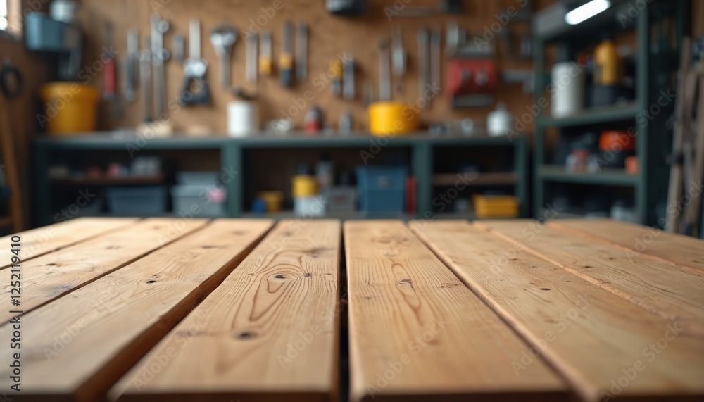 Empty wooden workbench surface on blurred background of garage workshop with tools. Blank table for product placement, displaying items, advertising, service promotion, repair shop. Empty wooden workbench surface on blurred background of garage workshop with tools. Blank table for product placement, displaying items, advertising, service promotion, repair shop.