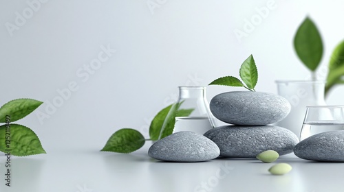 Artistic Grey Rocks Decorated with Moss on White Background photo