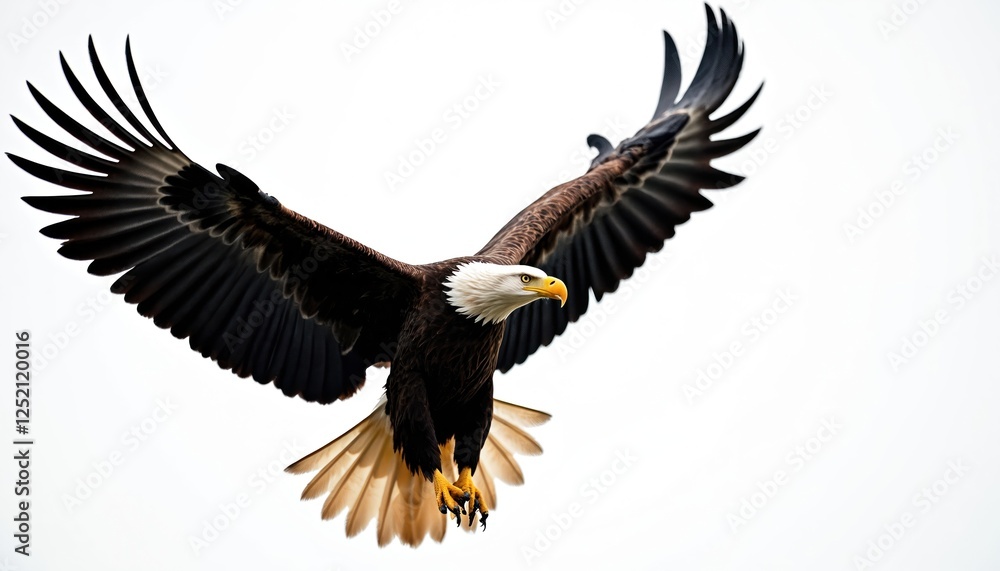Fototapeta premium Majestic bald eagle mid-flight against clear sky showing impressive wingspan. Bird of prey represents power, elegance, freedom. American iconic symbol of strength and independence.