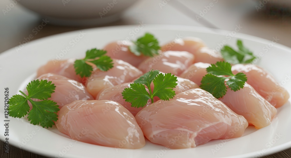 Fresh Chicken Breast Pieces with Parsley on White Plate Ready to Cook Fresh Chicken Breast Pieces with Parsley on White Plate Ready to Cook