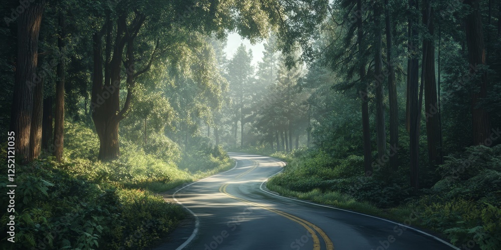 Winding road through misty forest, sunrise Winding road through misty forest, sunrise
