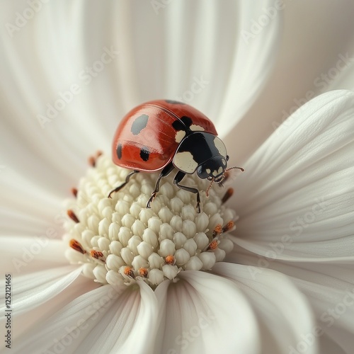 Ladybug perched gently on a white flower photo