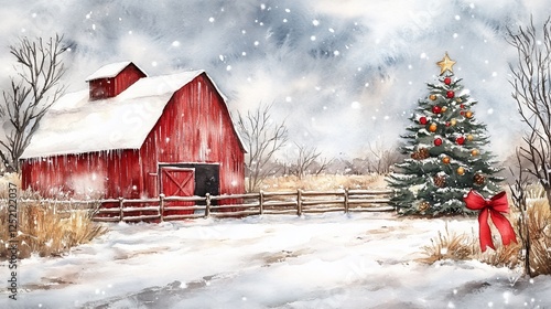 Watercolor winter scene featuring a red barn and decorated Christmas tree on snowy land