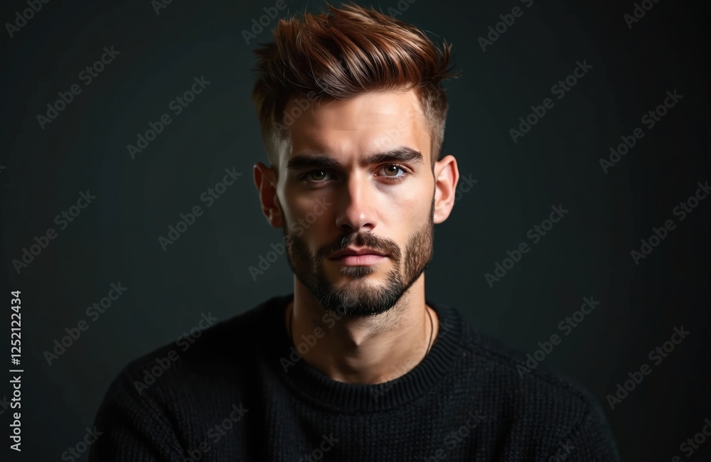 Handsome man portrait on dark studio background. Bearded guy wears black jumper, poses with confidence. Concept of male beauty, modern style, fashion trends and personal care. Handsome man portrait on dark studio background. Bearded guy wears black jumper, poses with confidence. Concept of male beauty, modern style, fashion trends and personal care.