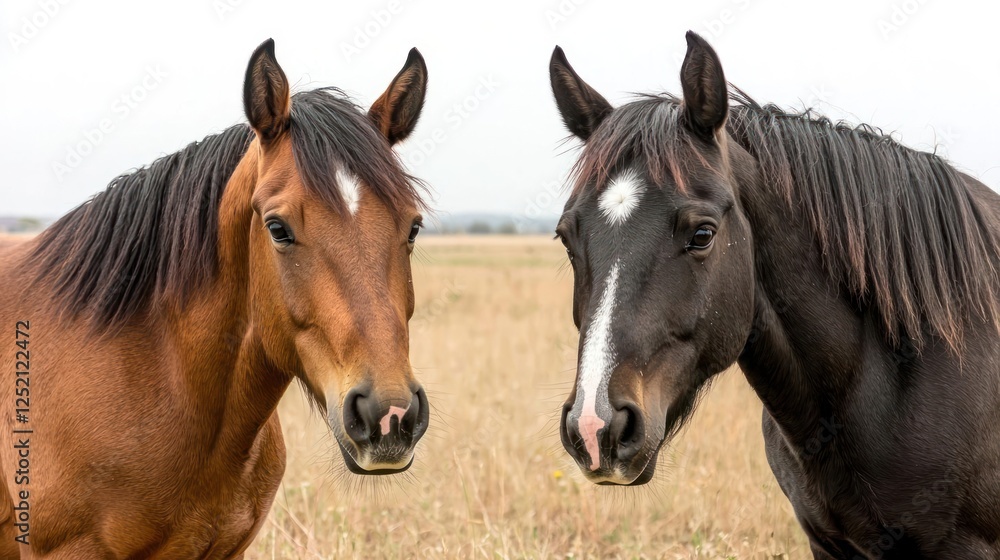 Two Horses Facing Each Other In Field Two Horses Facing Each Other In Field