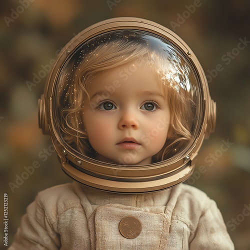 A young child wearing a vintage astronaut helmet, displaying wonder and curiosity. Ideal for themes of exploration, imagination, and childhood dreams in a cozy, autumn setting.