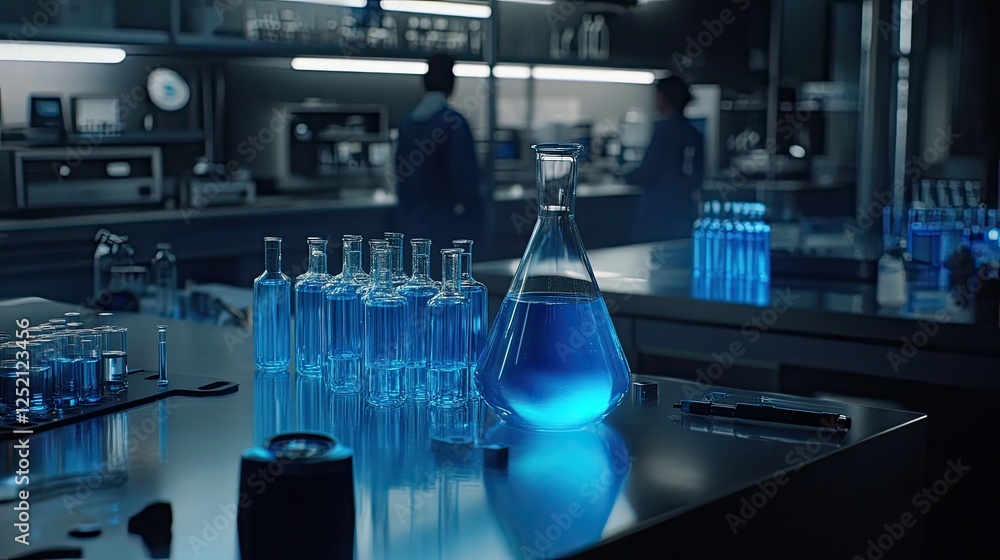 Blue Liquid in Laboratory Glassware and Bottles Blue Liquid in Laboratory Glassware and Bottles
