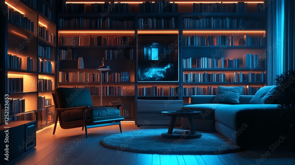 A Cozy and Modern Library with Illuminated Shelves and Comfortable Seating A Cozy and Modern Library with Illuminated Shelves and Comfortable Seating