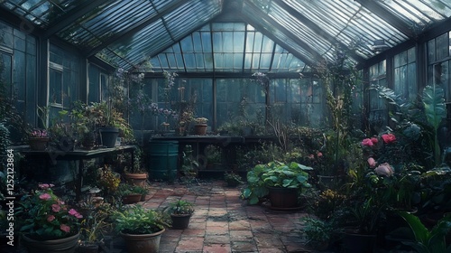 Greenhouse interior with various potted plants and flowers on tables and floor